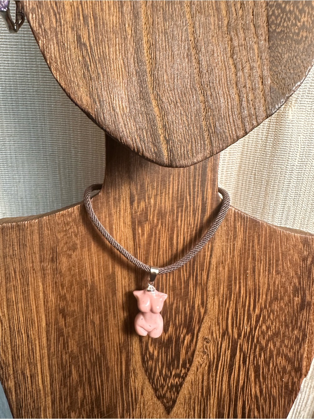 Mini Light Pink Alashan Agate Lady Body Carving Pendant Necklace on Brown Rope - Picture 5 of 16
